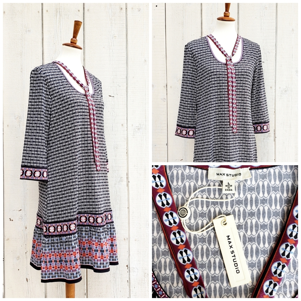 Max Studio Black, White & Burgundy Patterned Midi Dress